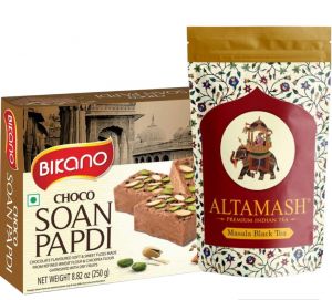  Фото - Набор из чёрного чая  Масала Алтамаш (Masala Black Tea Altamash) и индийских сладостей «Соан Папди Чоко» с орехами Бикано (SOAN PAPDI CHOCO Bikano)