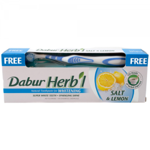  Фото - Зубная паста Хербл Соль и Лимон отбеливающая Дабур (Natural Toothpaste for Whitening Herb’l Salt & Lemon Dabur), 150 г. + зубная щётка