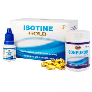  Фото - Комплекс для здоровья глаз Айсотин Голд Джагат Фарма (Isotine Gold Isotine Plus Eye Drop + Isoneuron Capsules Jagat Pharma), 4×10 мл. + 60 кап.