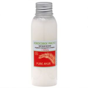Кокосовое масло органическое первого холодного отжима с ароматом герани пьюр аюр extra virgin coconut oil pure ayur  Pure Ayur (Пьюр Аюр),  100 мл.