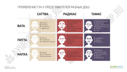 Проявление гун у представителей разных дош Проявление гун у представителей разных дош