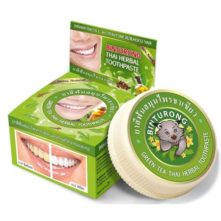 Тайская органическая зубная паста Зелёный чай Бинтуронг (Herbal Toothpaste Green tea Binturong), 30 г.