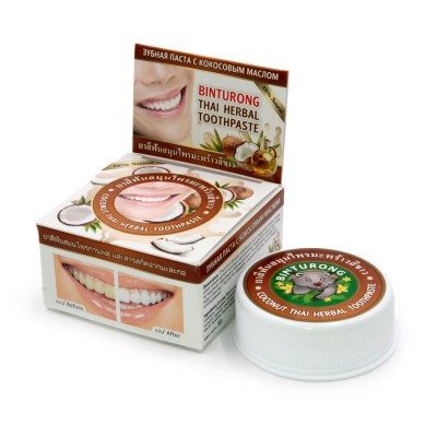 Тайская органическая зубная паста Кокос Бинтуронг (Herbal Toothpaste Coconut Binturong), 30 г.