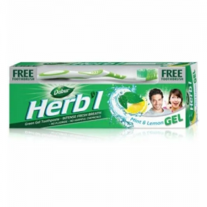 Зубная паста-гель Хербл Мята и Лимон Дабур (Green Gel Toothpaste Herb’l Mint & Lemon Dabur), 150 г. + зубная щётка