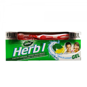 Зубная паста-гель Хербл Мята и Лимон Дабур (Green Gel Toothpaste Herb’l Mint & Lemon Dabur), 150 г. + зубная щётка