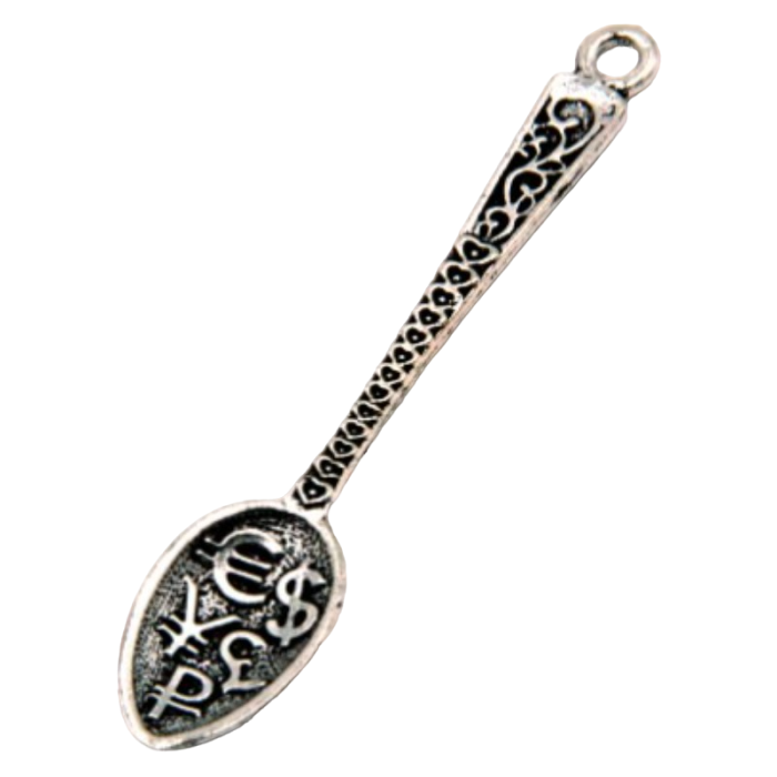 Талисман для кошелька Ложка загребушка с рублями евро и долларами, 6 см.