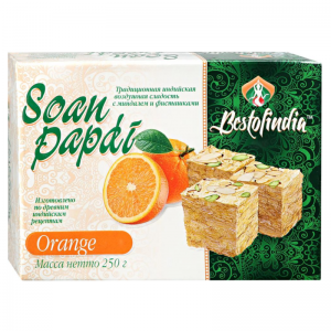 Воздушные индийские сладости Соан Папди Апельсин Бестофиндия (Soan Papdi Orange Bestofindia), 250 г.