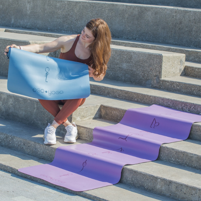 Коврик для йоги Сурья Намаскар Синий Эгойога (Surya Namaskar Blue Egoyoga), полиуретан/каучук 183х68х0,2 см.