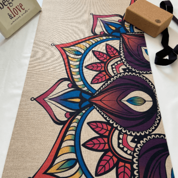 Коврик для йоги джутовый Мандала Цветной Эгойога (Mandala Color Jute Egoyoga), джут/каучук 183х61х0,3 см.